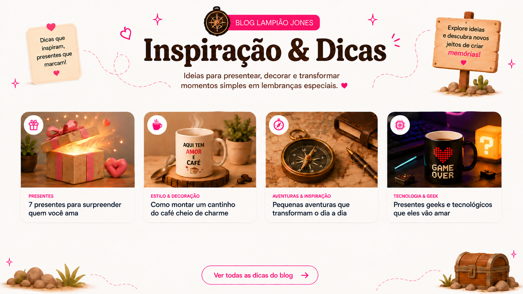 Placas com dicas, bússola, trilhas de corações, plantas e baú de aventuras.