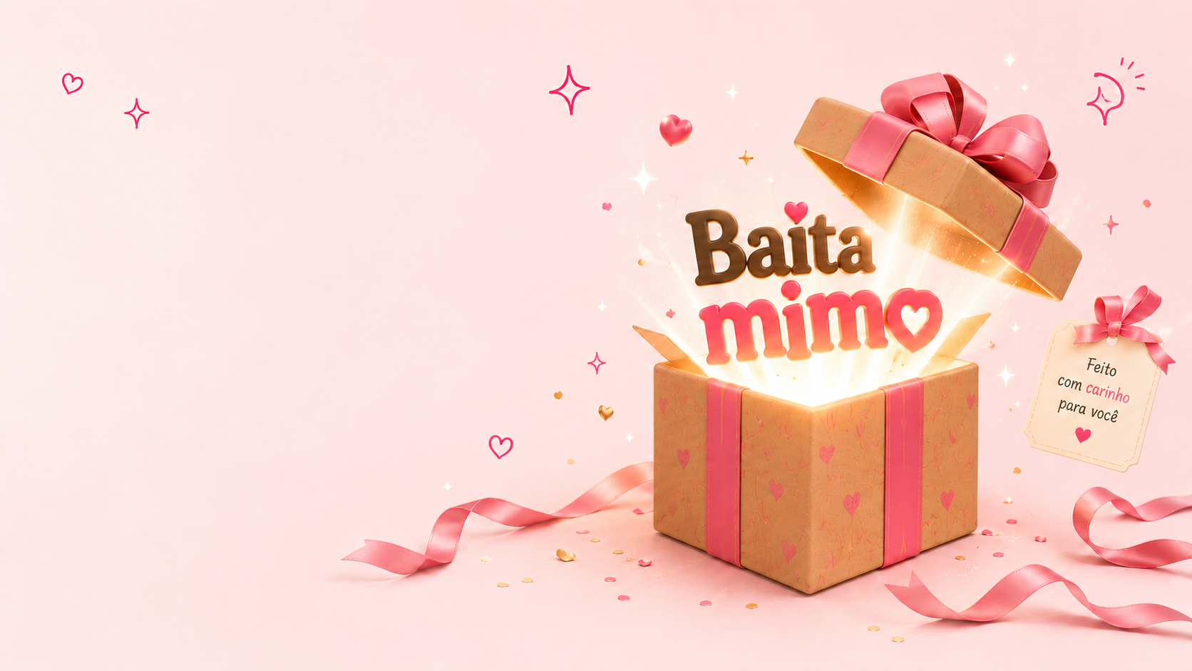 Caixa de presente Baita Mimo com fitas rosas e detalhes de carinho
